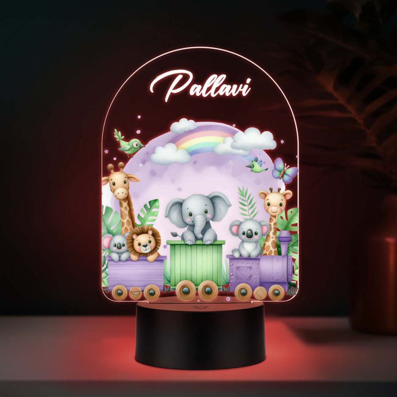 Personalized Safari Animal Train UV Print 3D Multicolor LED Night Light Custom Name Kids Lamp